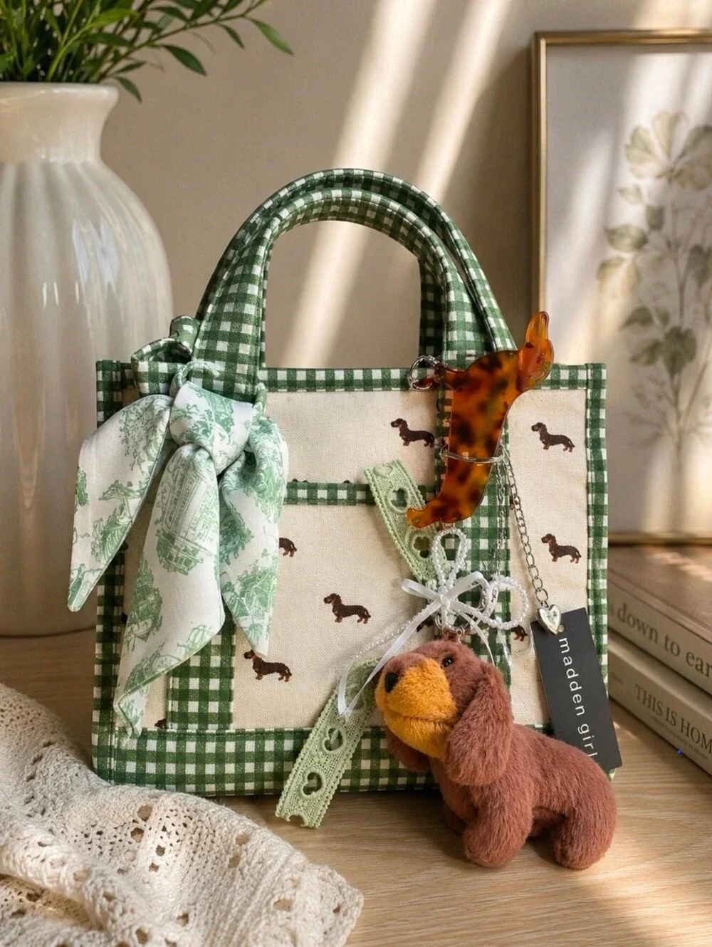 Madden Girl Dachshund Gingham Small Tote Bag w/ Coin Pouch/Dog Charm/ Scarf NWT